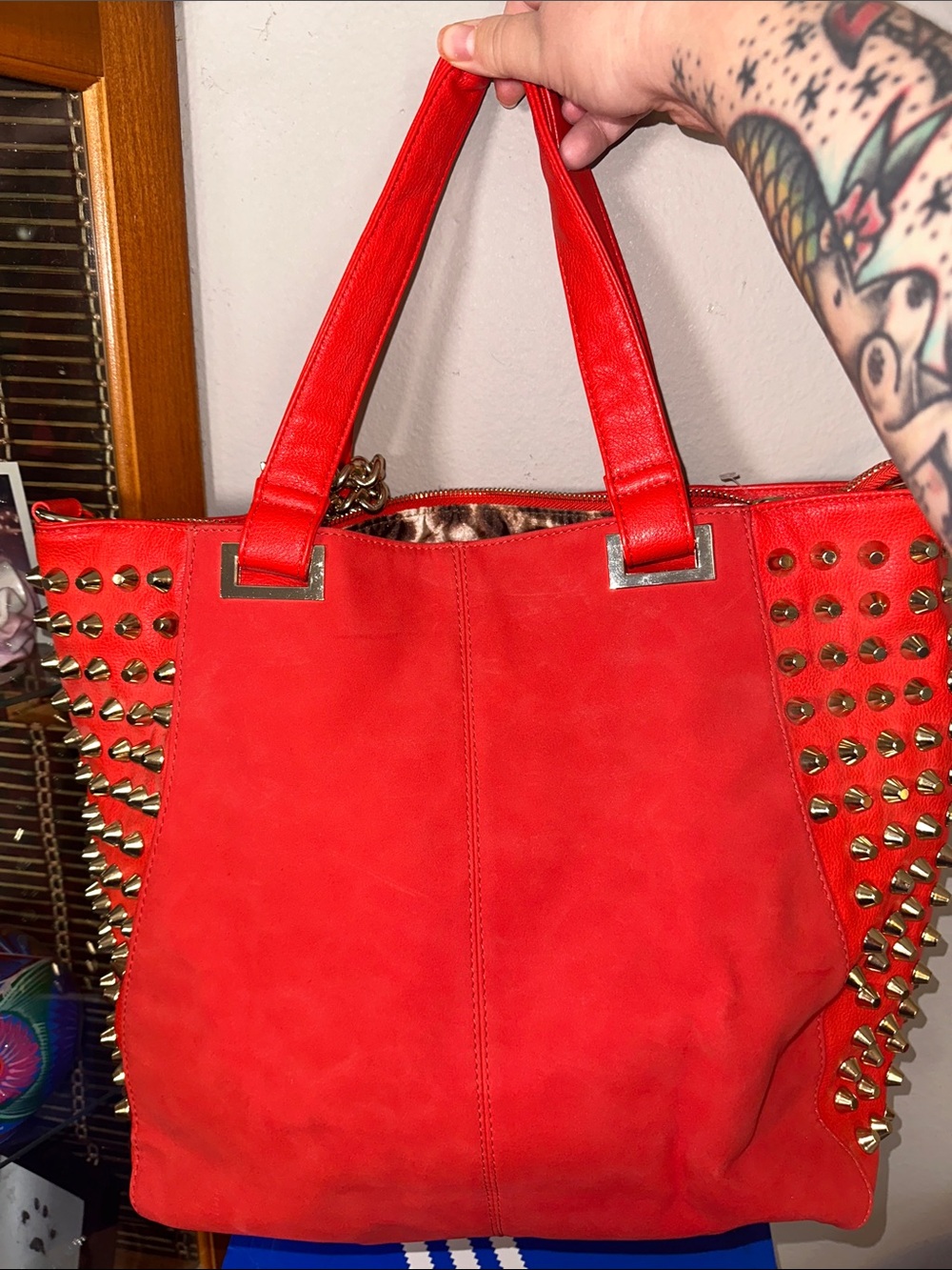 Red Studded Tote Bag with Leopard Interior